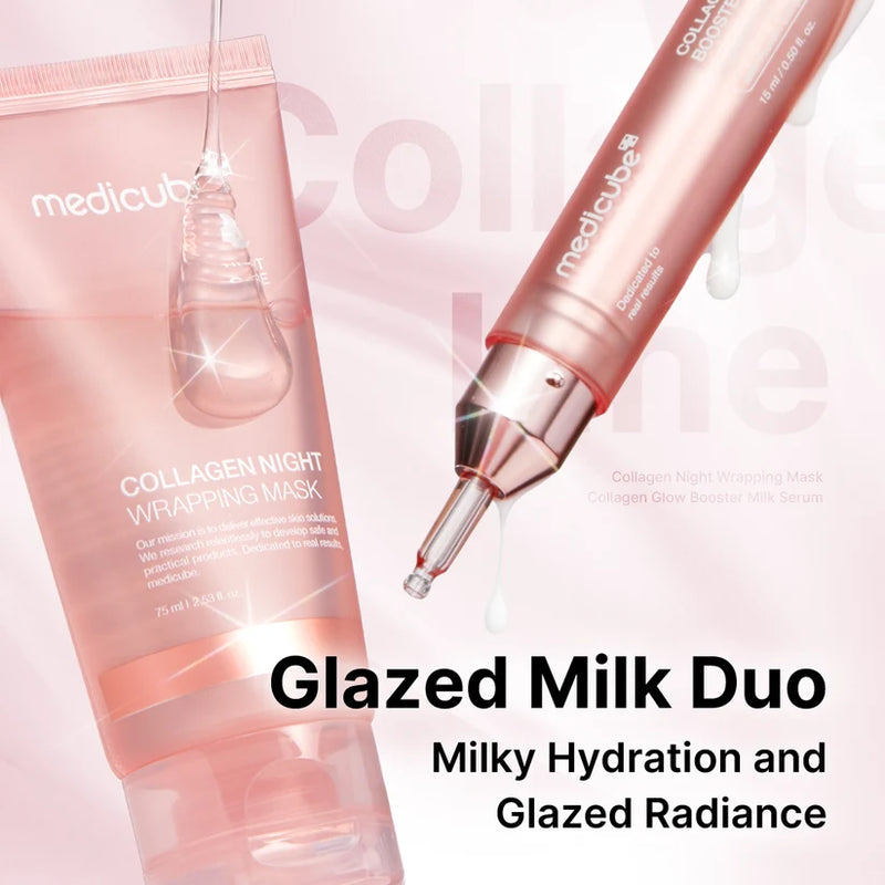 Medicube Glazed Milk Duo: Collagen Night Wrapping Mask, Collagen Glow Booster Milk Serum and jelly brush