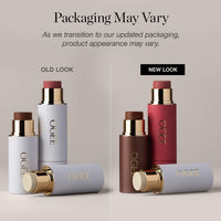 Ogee face stick packaging, previous and current look