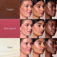 Copper, Rose Quartz and Opal shades shown on three skin tones