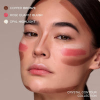 Copper bronze, Rose Quartz blush and Opal highlight mapped on the face