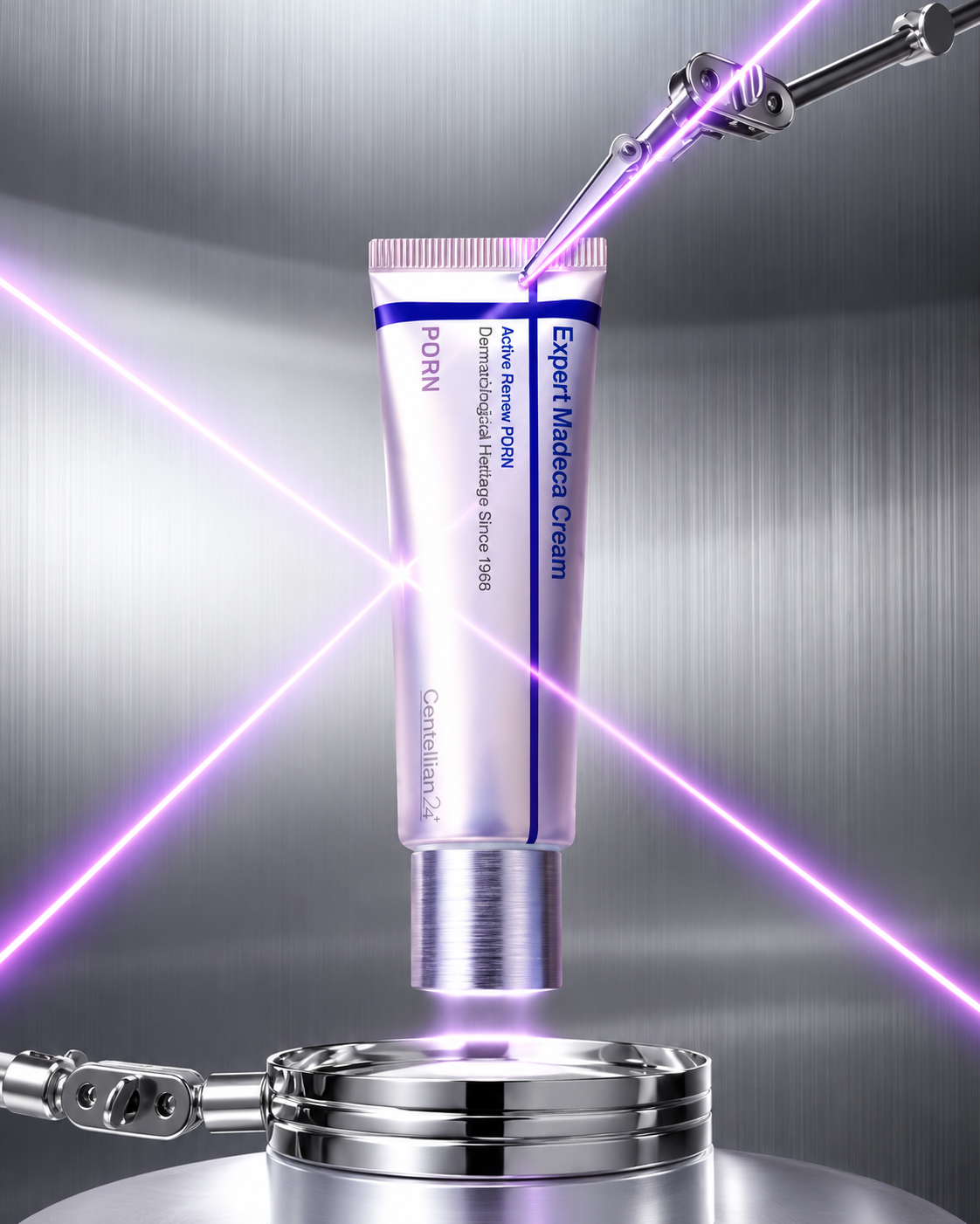 The cream tube lit by a violet beam above a steel plinth