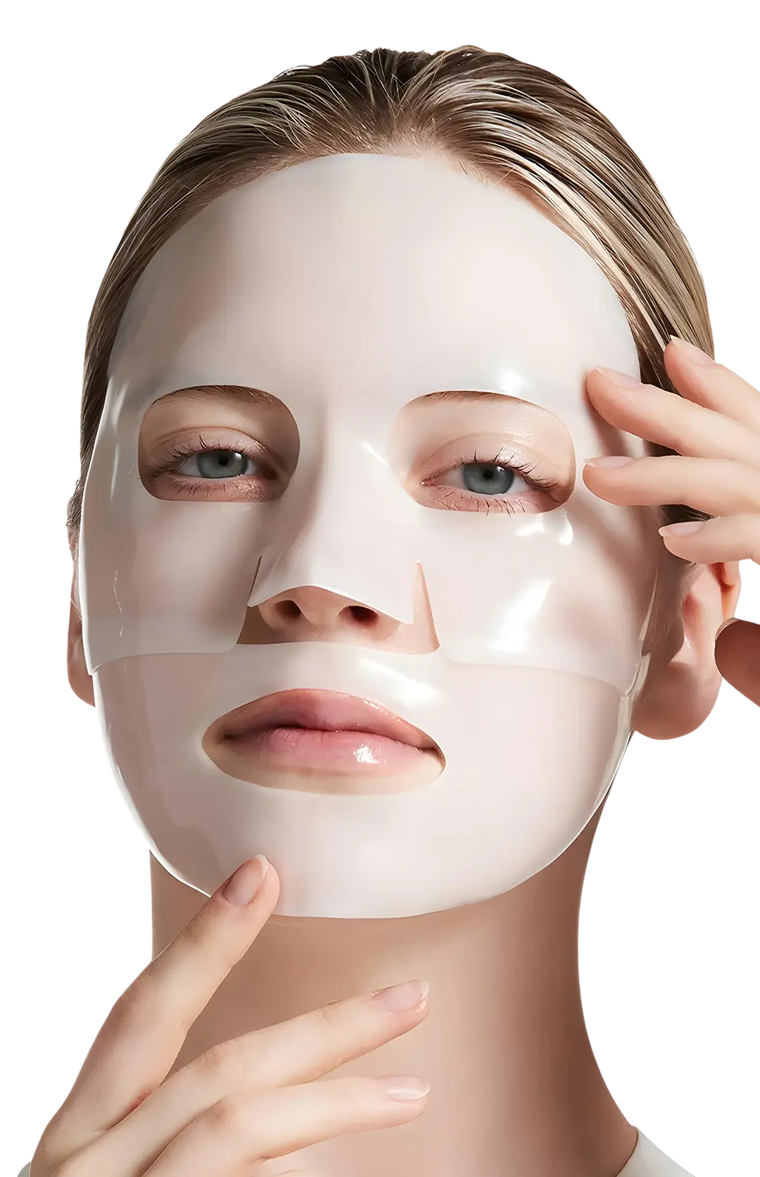 Model wearing the collagen mask against a black backdrop