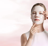 Model wearing the two-piece hydrogel collagen mask