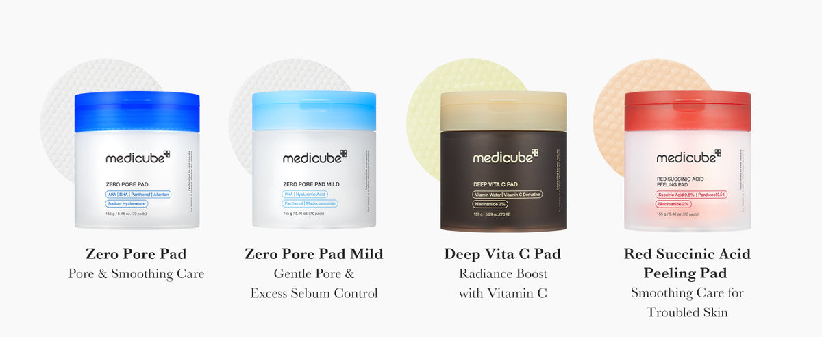Medicube toner pads: Zero Pore Pad, Zero Pore Pad Mild, Deep Vita C Pad, Red Succinic Acid Peeling Pad