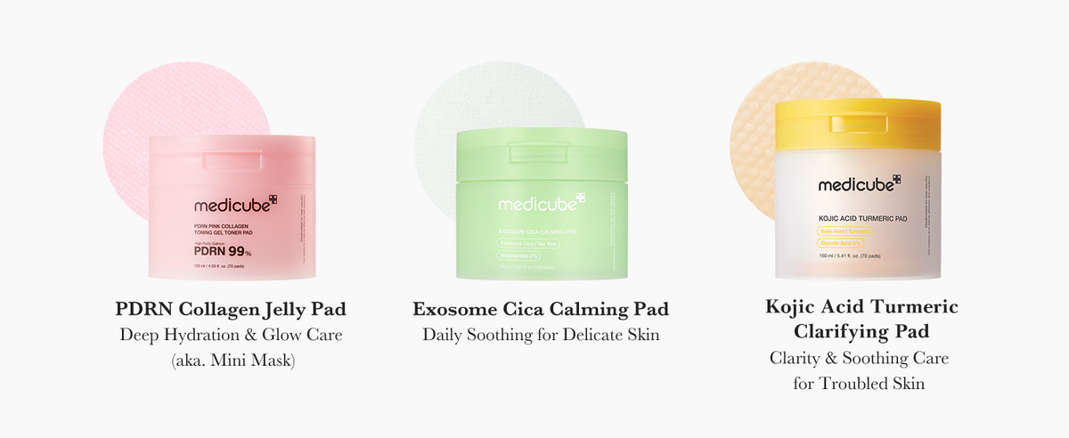 Medicube toner pads: PDRN Collagen Jelly Pad, Exosome Cica Calming Pad, Kojic Acid Turmeric Clarifying Pad