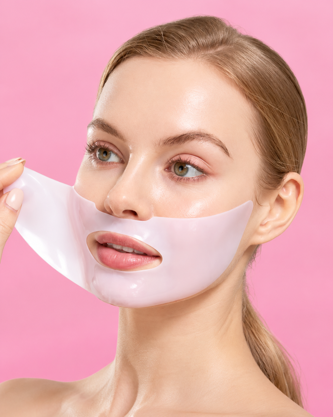 Model lifting the lower piece of the mask away from her jaw