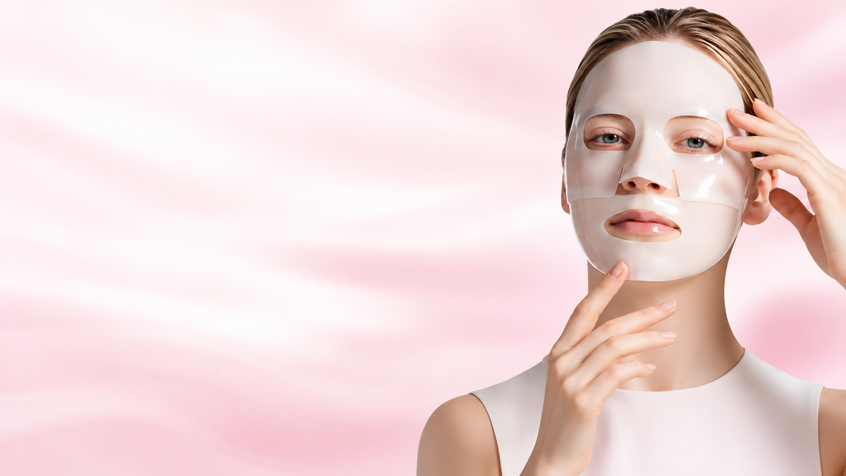 Model wearing the hydrogel collagen mask against a soft pink backdrop