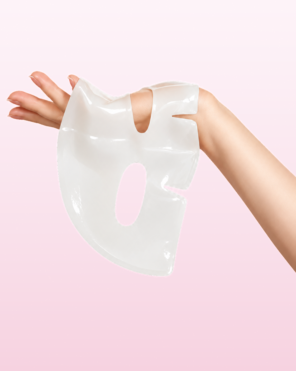 A hand holding the two-piece hydrogel mask against a soft pink backdrop